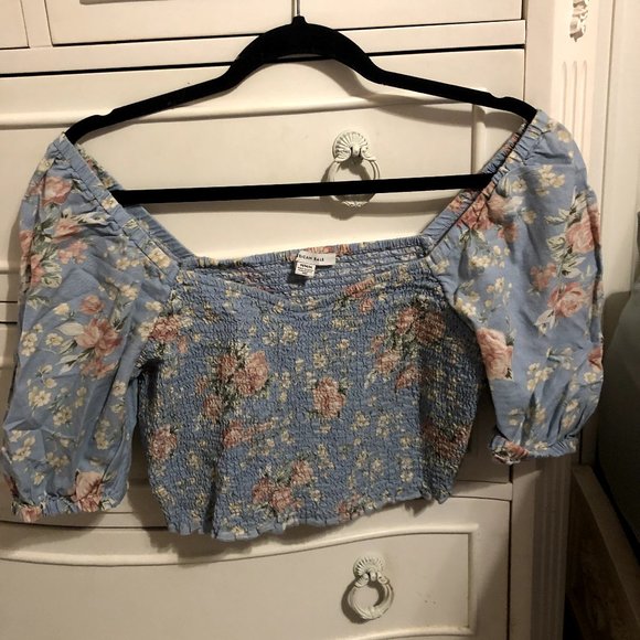 American Eagle Medium Puff Sleeve Floral Top - Cream, Pink, Green, Blue - Picture 1 of 2